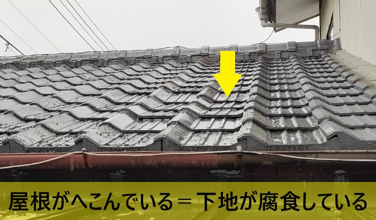 雨漏り箇所上部のセメント瓦屋根がへこんでいる　下地が腐食しているとみられる